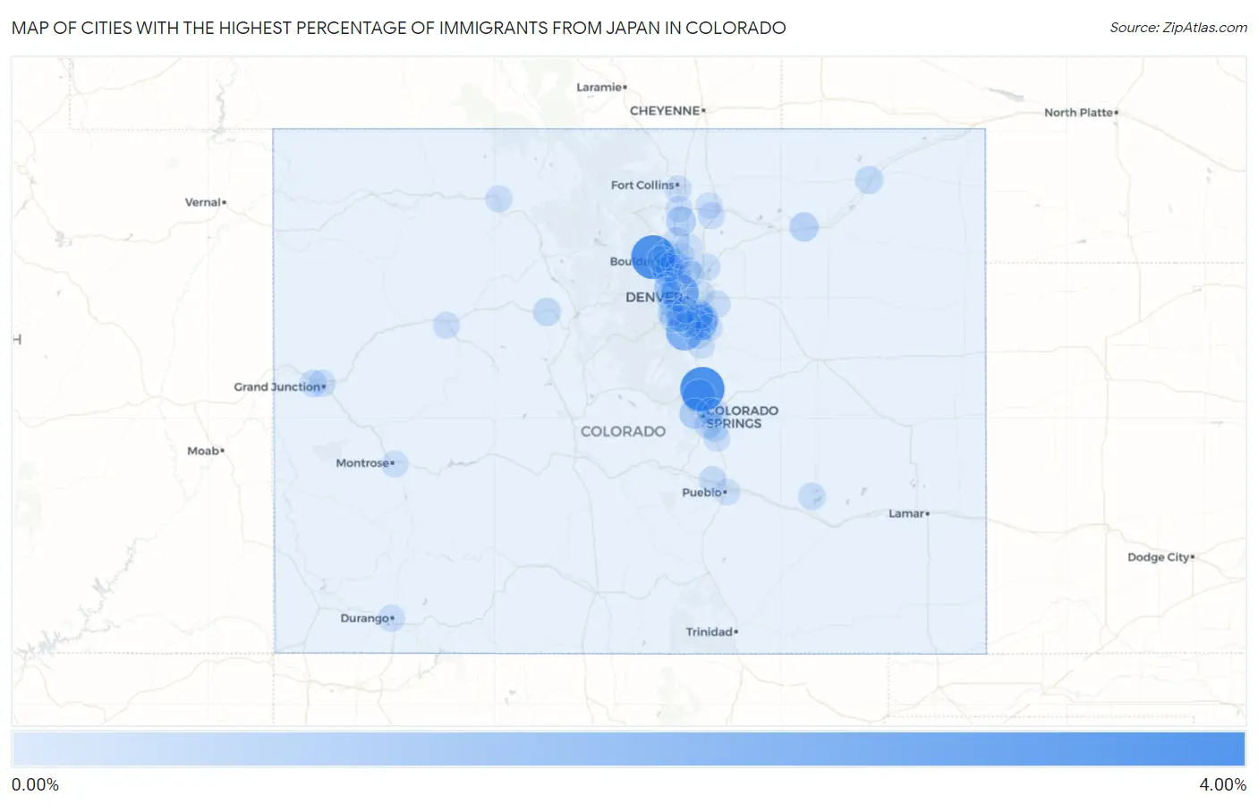 Cities with the Highest Percentage of Immigrants from Japan in Colorado Map