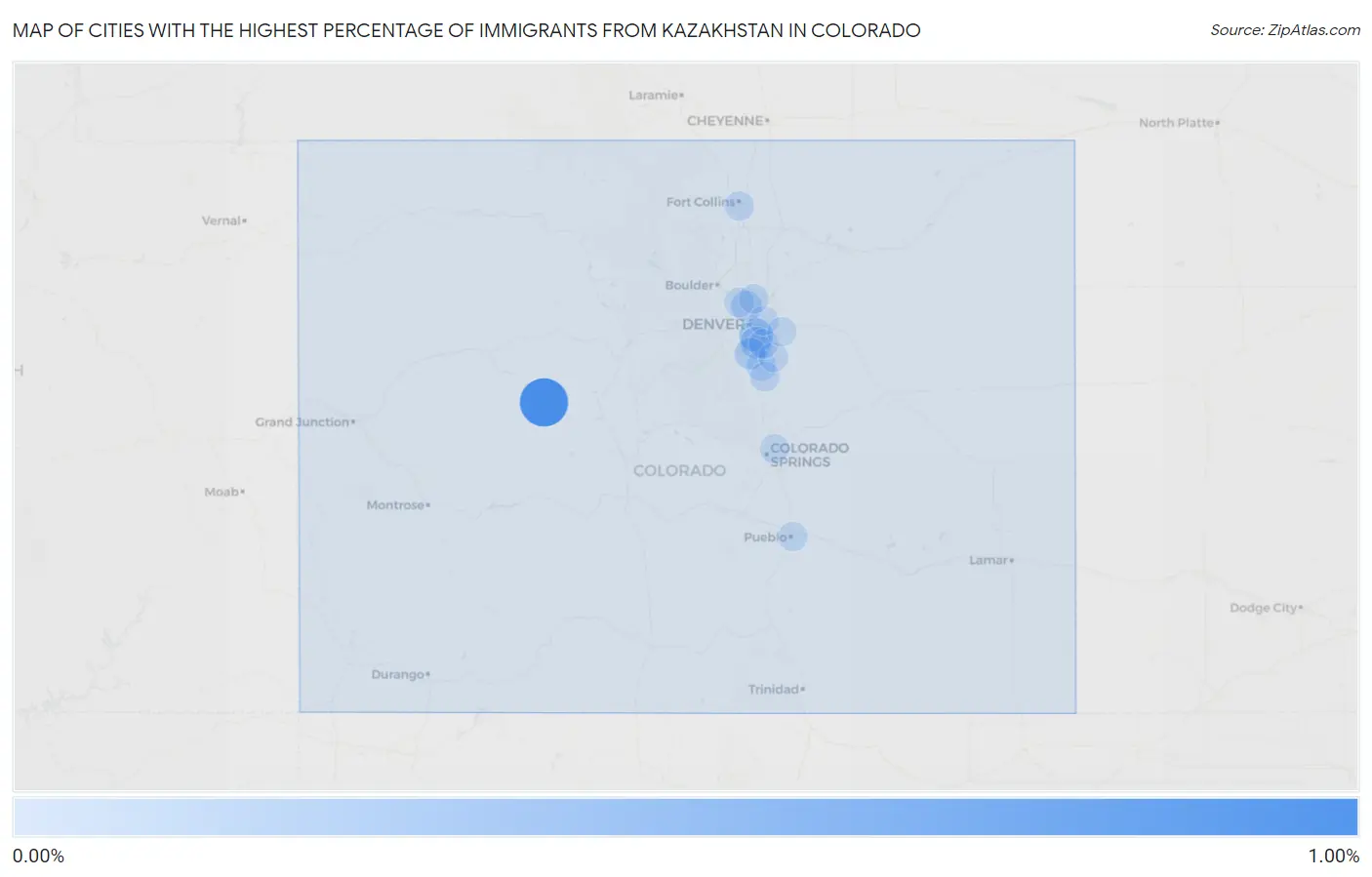Cities with the Highest Percentage of Immigrants from Kazakhstan in Colorado Map