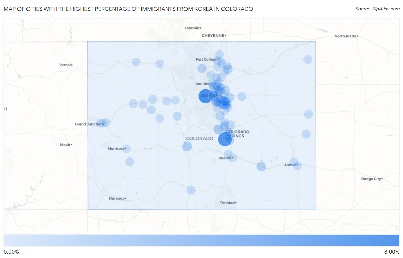 Cities with the Highest Percentage of Immigrants from Korea in Colorado Map