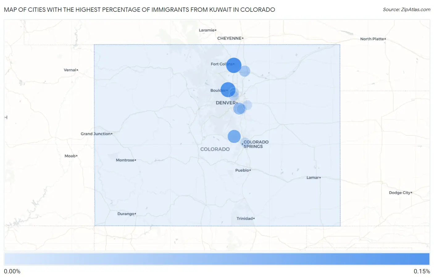 Cities with the Highest Percentage of Immigrants from Kuwait in Colorado Map