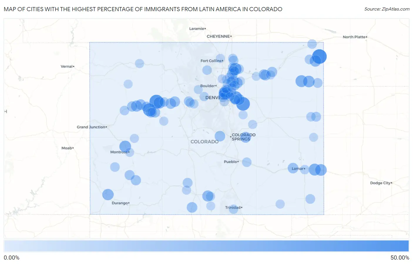 Cities with the Highest Percentage of Immigrants from Latin America in Colorado Map