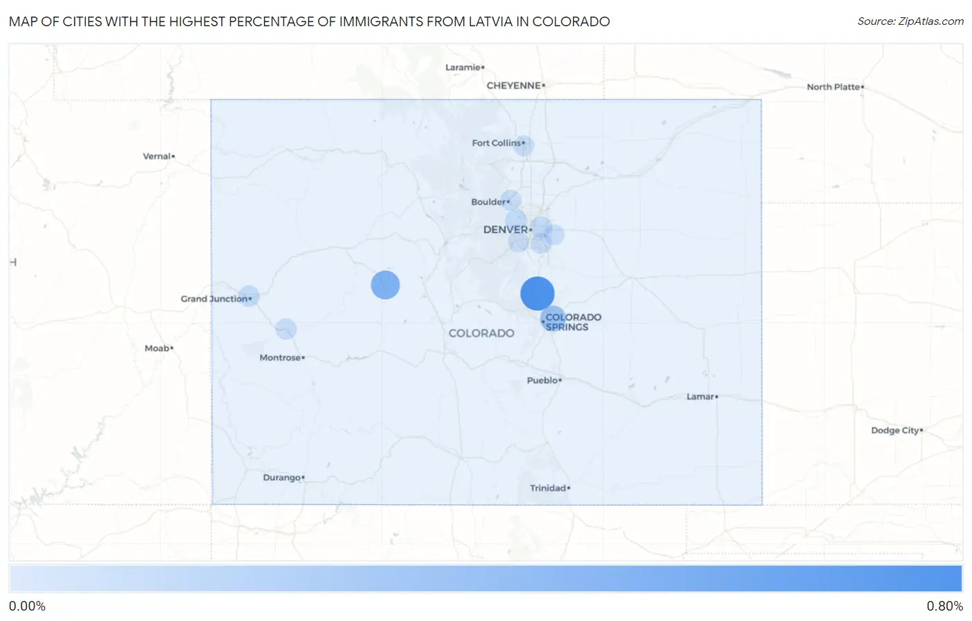 Cities with the Highest Percentage of Immigrants from Latvia in Colorado Map
