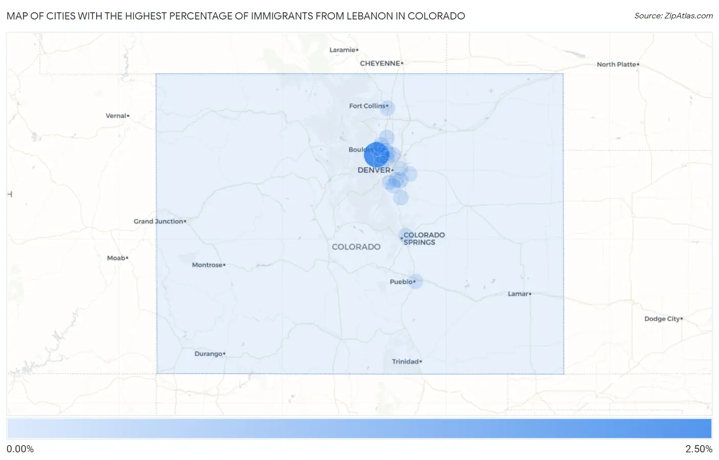 Cities with the Highest Percentage of Immigrants from Lebanon in Colorado Map
