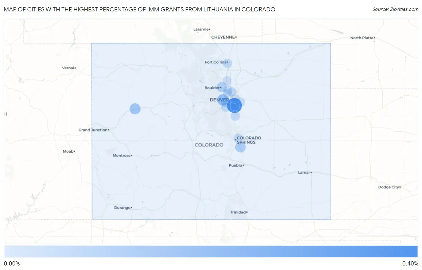 Cities with the Highest Percentage of Immigrants from Lithuania in Colorado Map