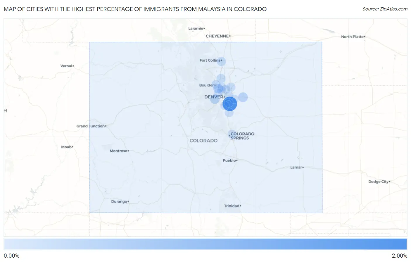 Cities with the Highest Percentage of Immigrants from Malaysia in Colorado Map