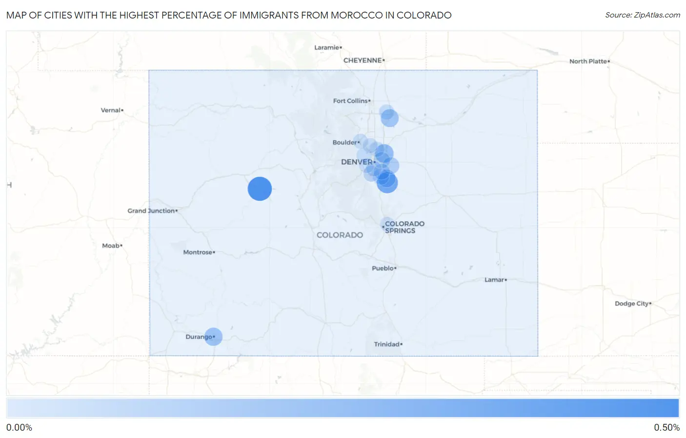 Cities with the Highest Percentage of Immigrants from Morocco in Colorado Map