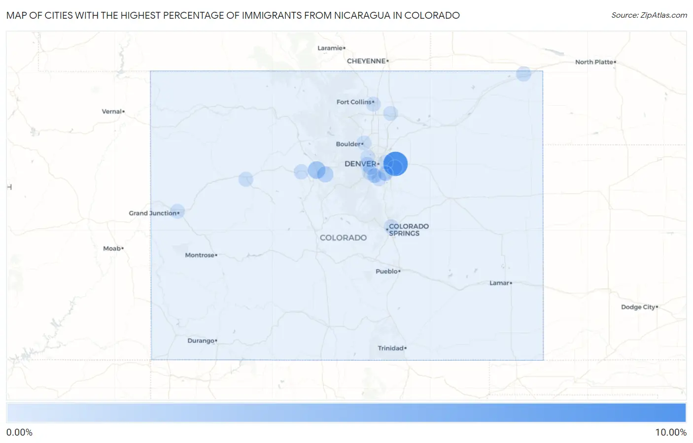 Cities with the Highest Percentage of Immigrants from Nicaragua in Colorado Map