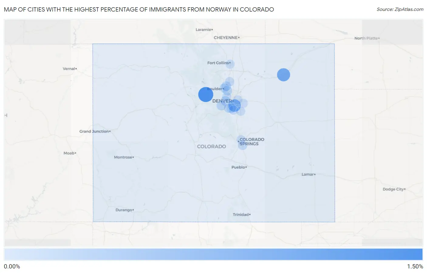 Cities with the Highest Percentage of Immigrants from Norway in Colorado Map