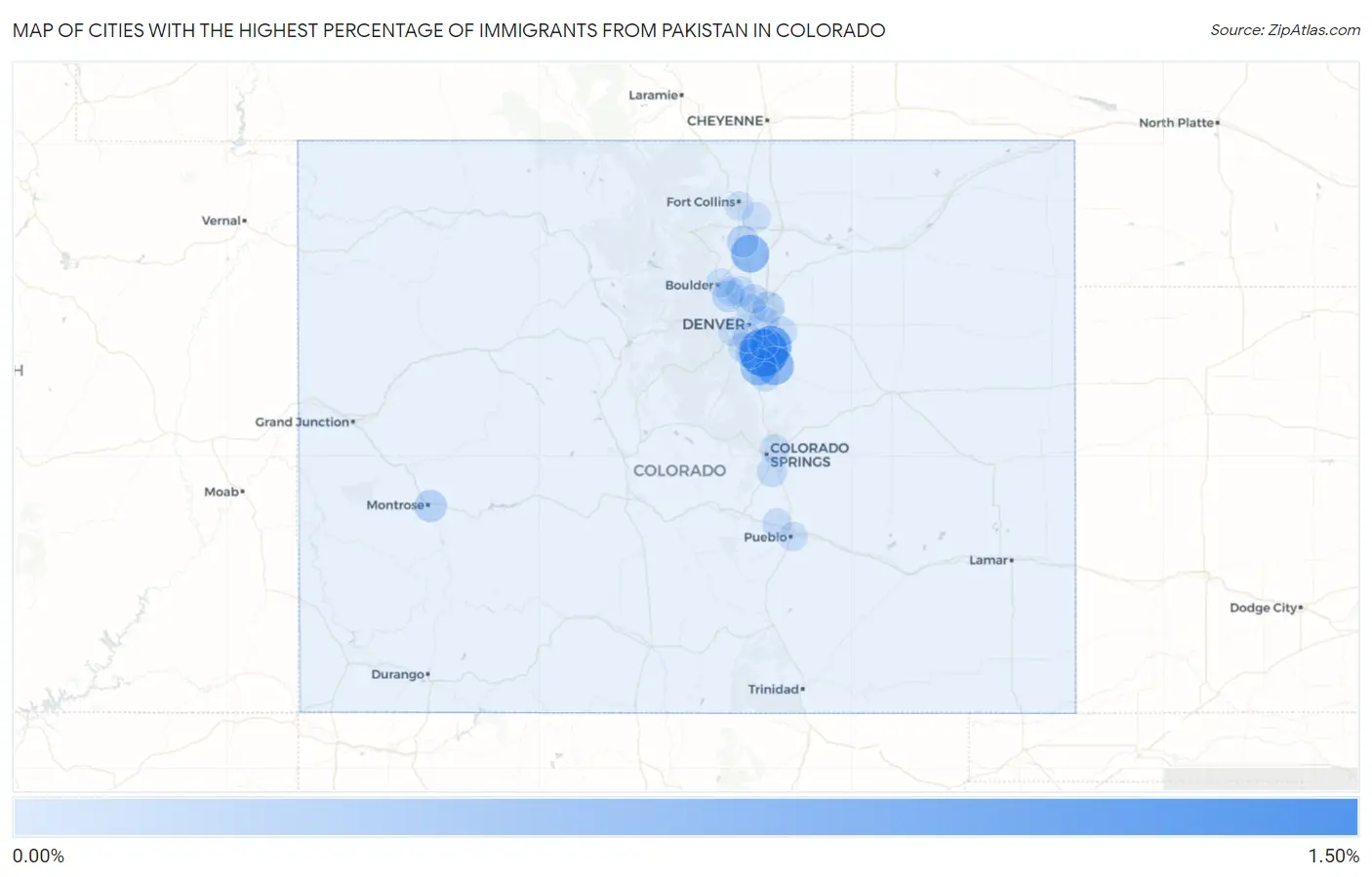 Cities with the Highest Percentage of Immigrants from Pakistan in Colorado Map