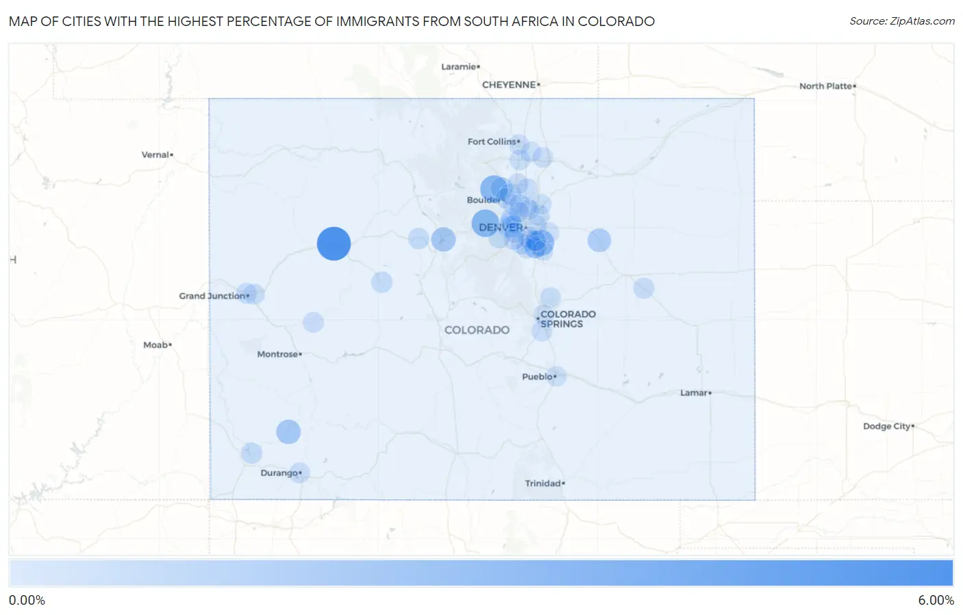 Cities with the Highest Percentage of Immigrants from South Africa in Colorado Map