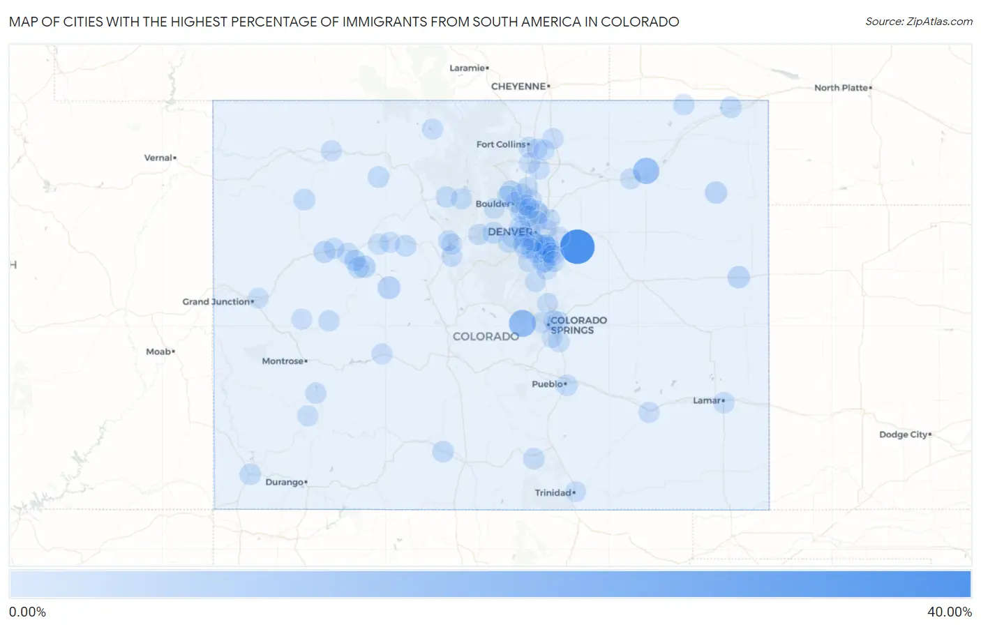 Cities with the Highest Percentage of Immigrants from South America in Colorado Map