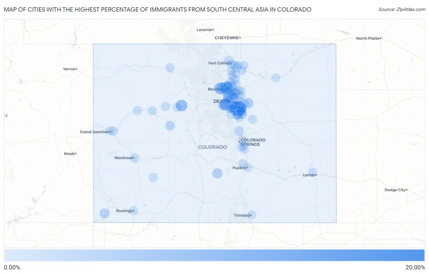 Cities with the Highest Percentage of Immigrants from South Central Asia in Colorado Map
