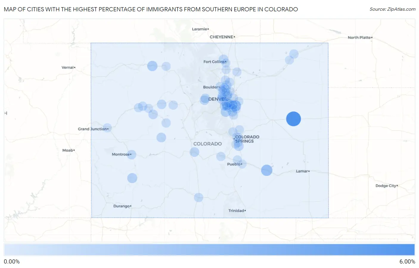 Cities with the Highest Percentage of Immigrants from Southern Europe in Colorado Map