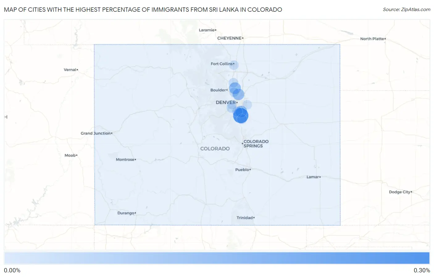 Cities with the Highest Percentage of Immigrants from Sri Lanka in Colorado Map
