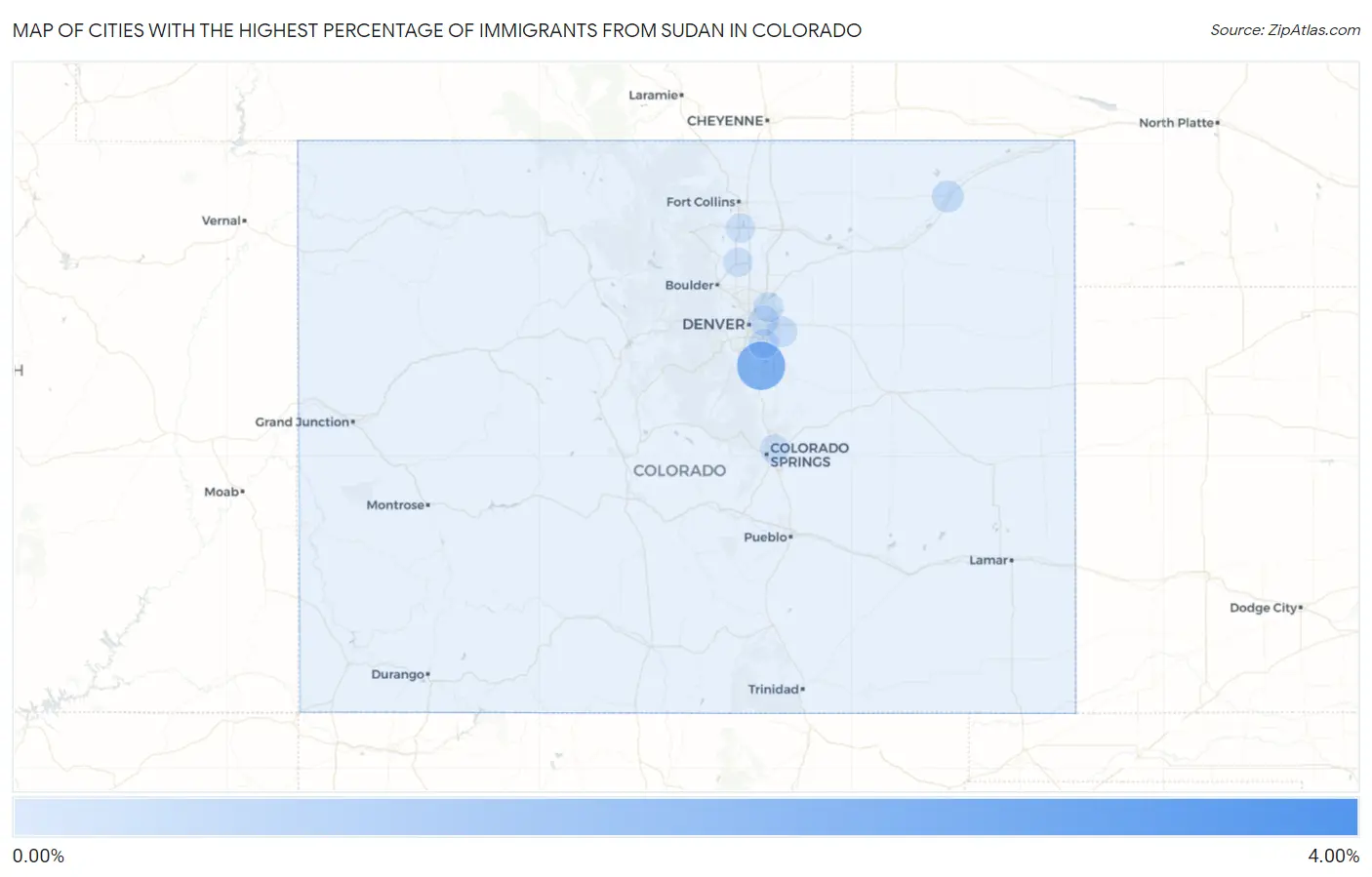 Cities with the Highest Percentage of Immigrants from Sudan in Colorado Map