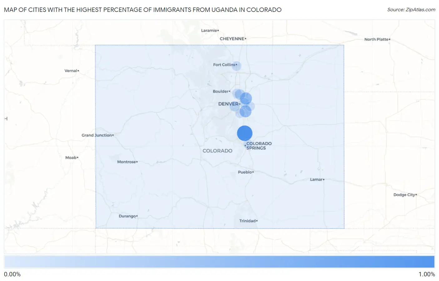 Cities with the Highest Percentage of Immigrants from Uganda in Colorado Map