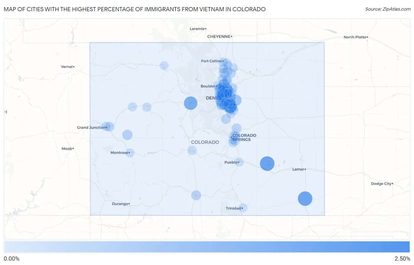 Cities with the Highest Percentage of Immigrants from Vietnam in Colorado Map