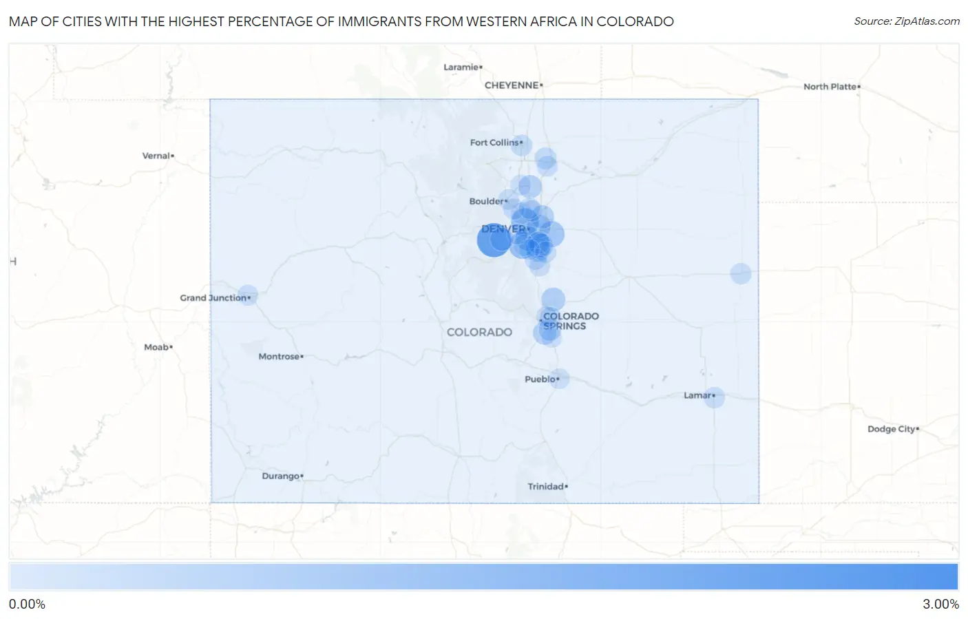 Cities with the Highest Percentage of Immigrants from Western Africa in Colorado Map
