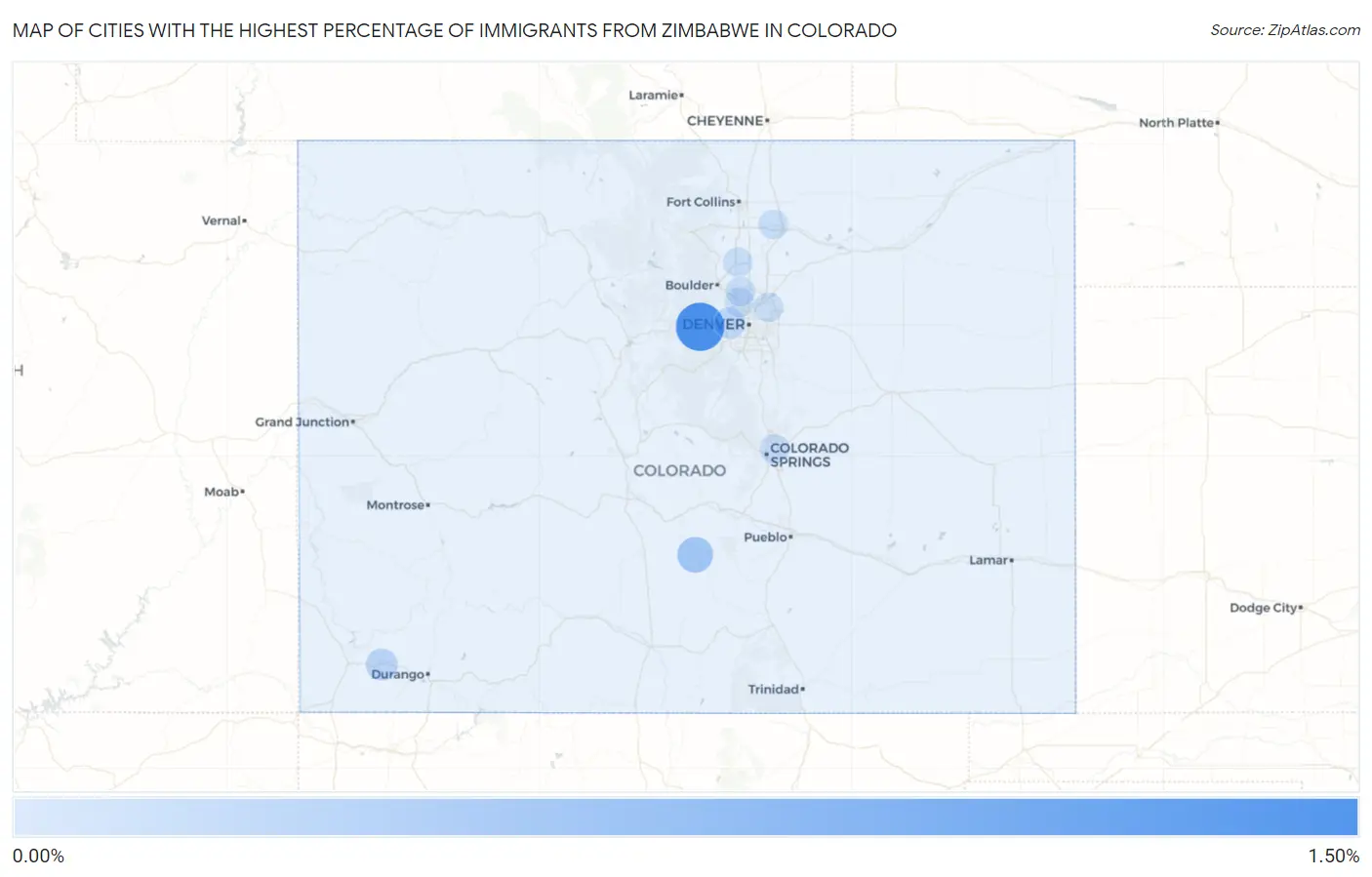 Cities with the Highest Percentage of Immigrants from Zimbabwe in Colorado Map