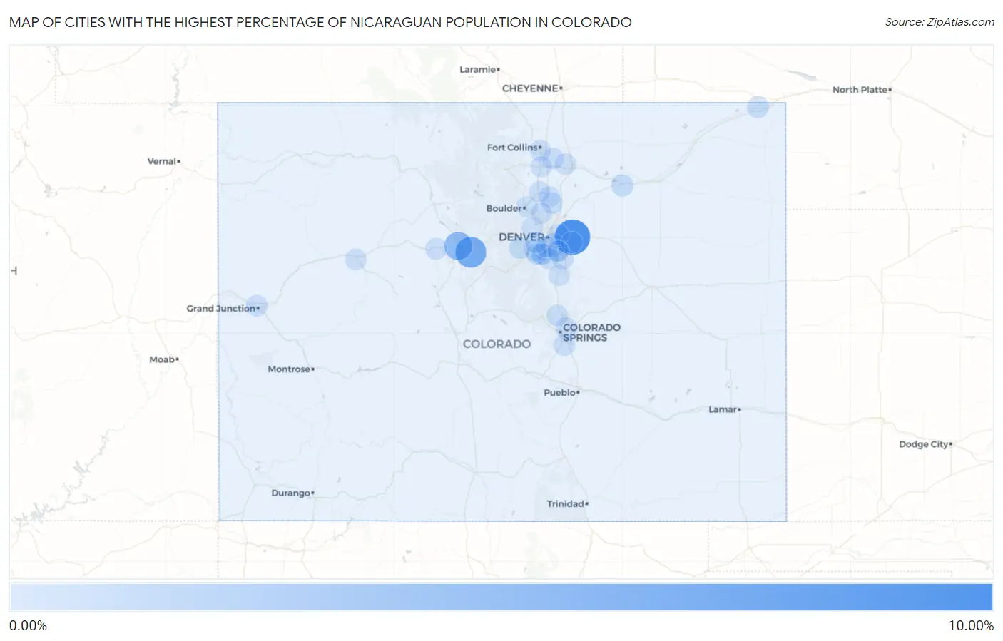 Cities with the Highest Percentage of Nicaraguan Population in Colorado Map