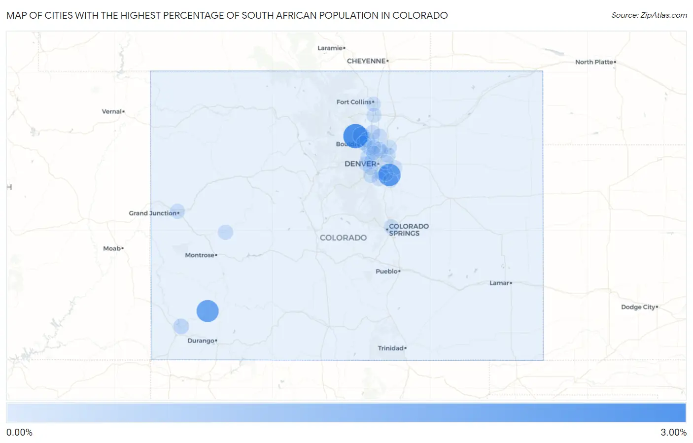 Cities with the Highest Percentage of South African Population in Colorado Map