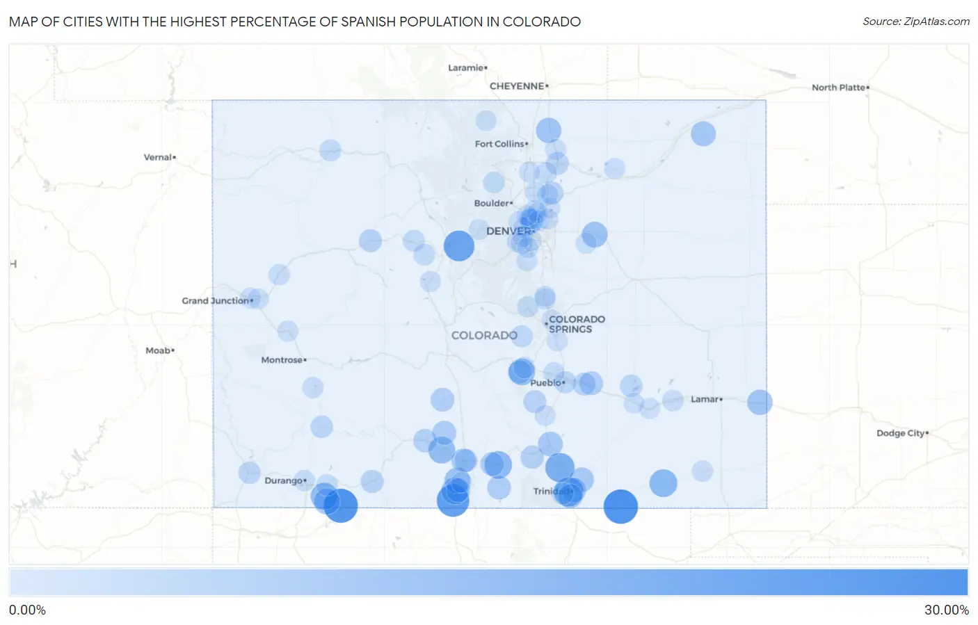 Cities with the Highest Percentage of Spanish Population in Colorado Map