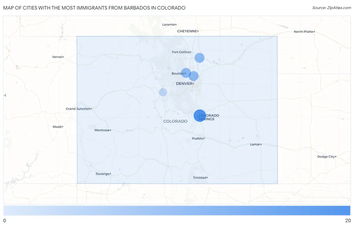 Cities with the Most Immigrants from Barbados in Colorado Map