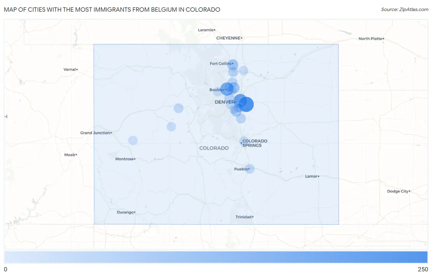 Cities with the Most Immigrants from Belgium in Colorado Map