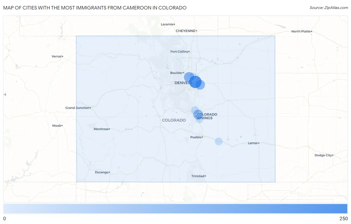 Cities with the Most Immigrants from Cameroon in Colorado Map