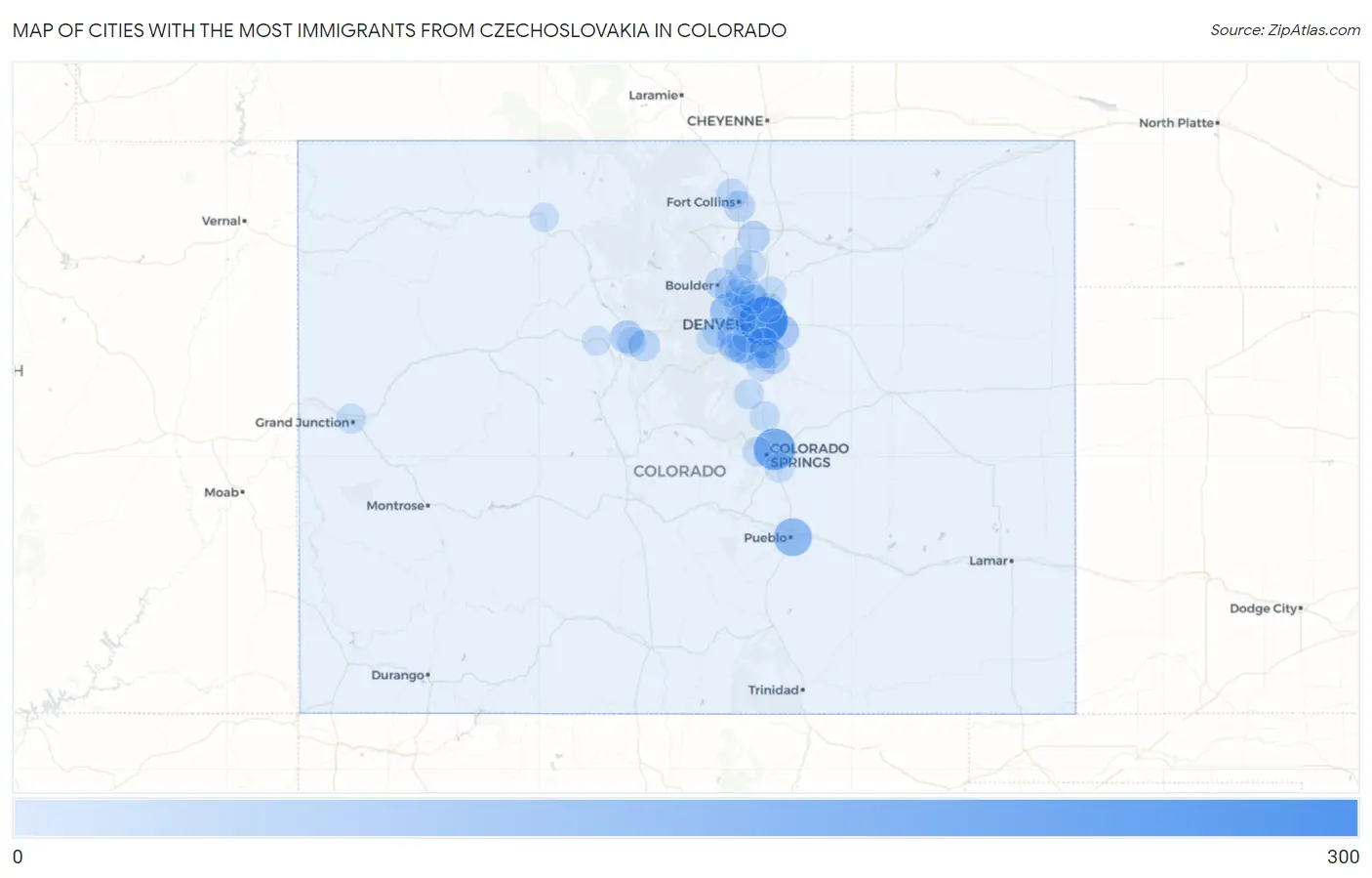 Cities with the Most Immigrants from Czechoslovakia in Colorado Map