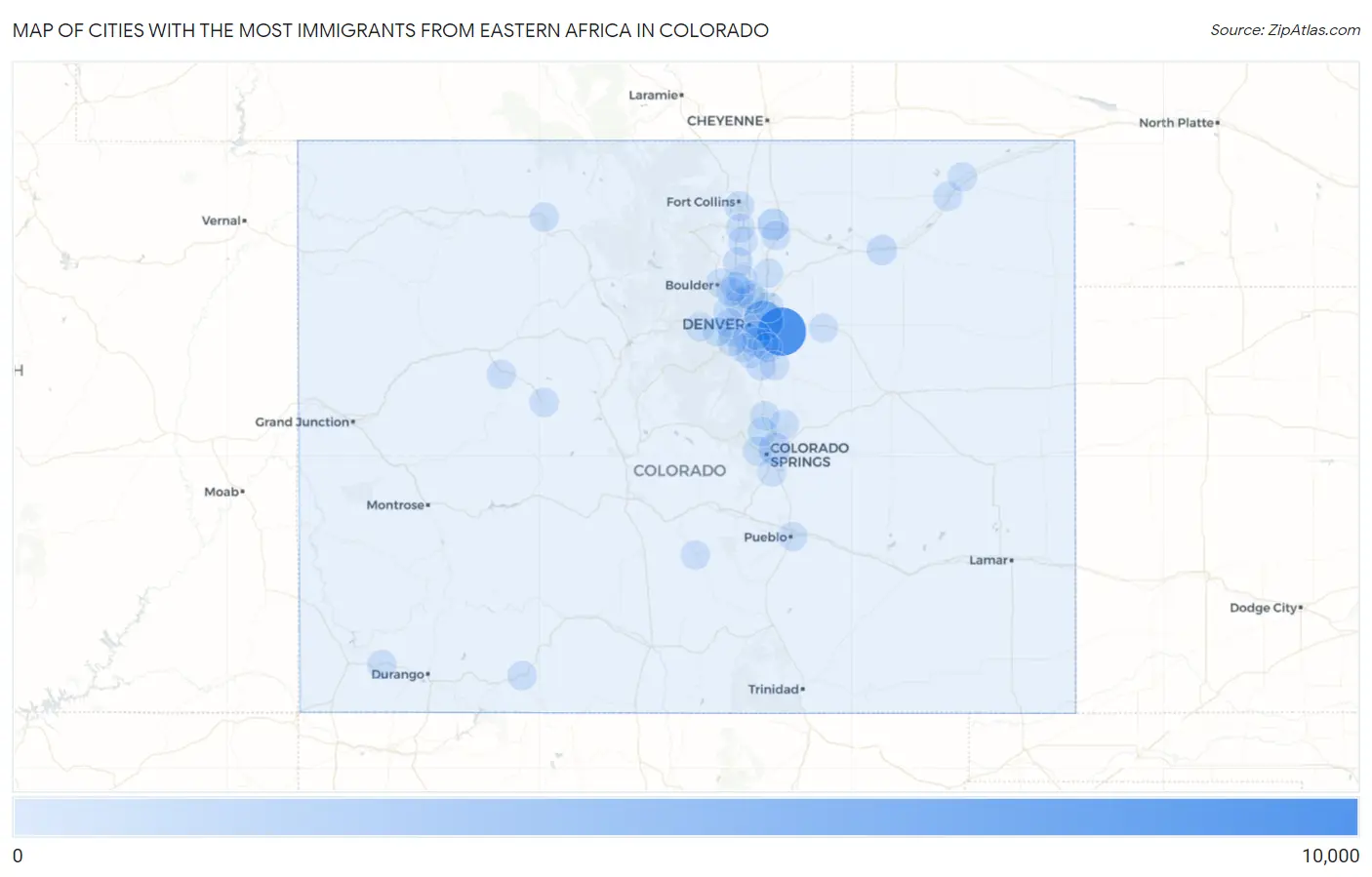 Cities with the Most Immigrants from Eastern Africa in Colorado Map
