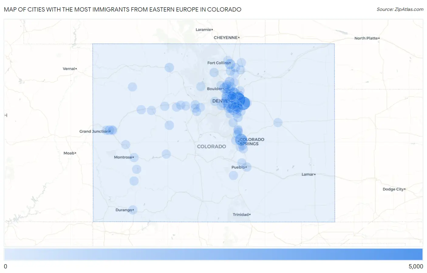 Cities with the Most Immigrants from Eastern Europe in Colorado Map