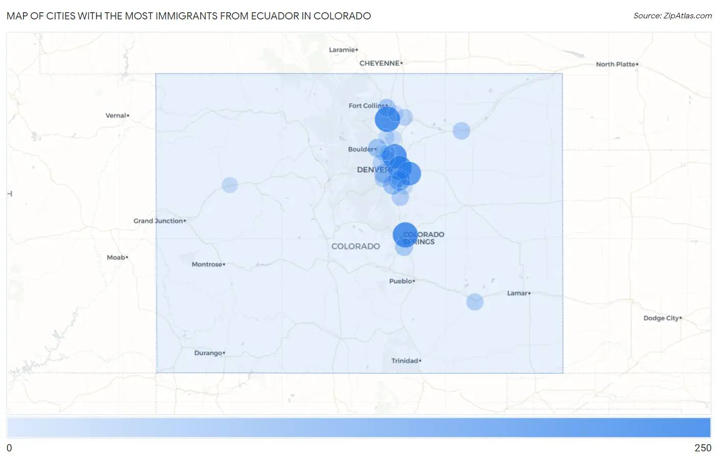 Cities with the Most Immigrants from Ecuador in Colorado Map