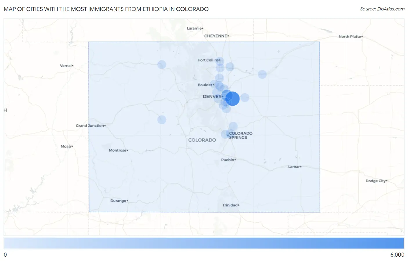 Cities with the Most Immigrants from Ethiopia in Colorado Map