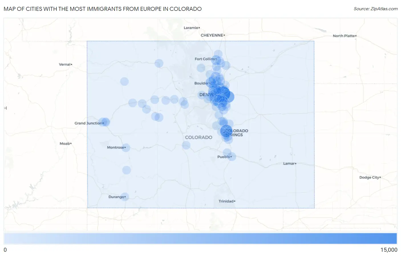 Cities with the Most Immigrants from Europe in Colorado Map