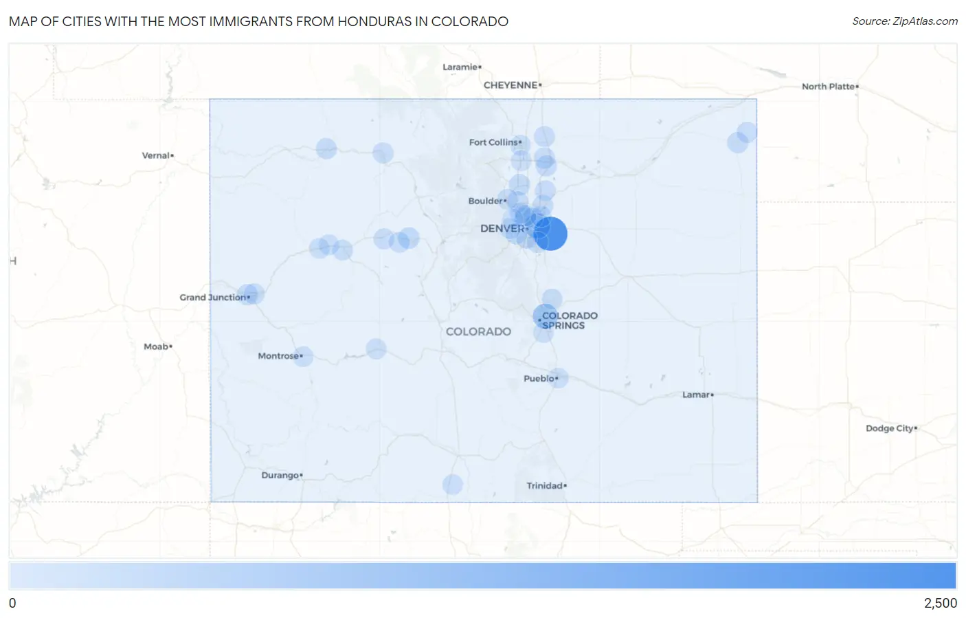 Cities with the Most Immigrants from Honduras in Colorado Map