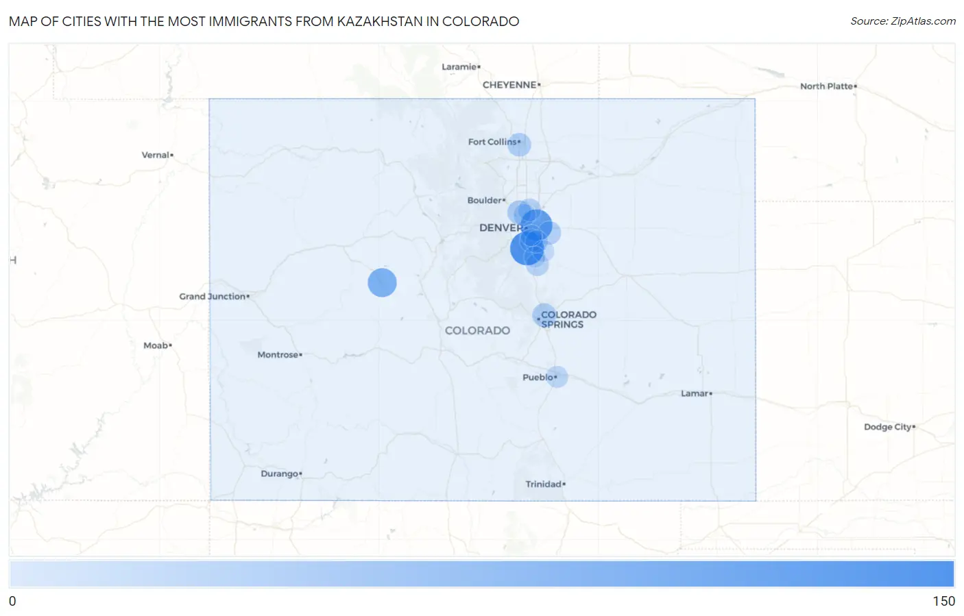 Cities with the Most Immigrants from Kazakhstan in Colorado Map