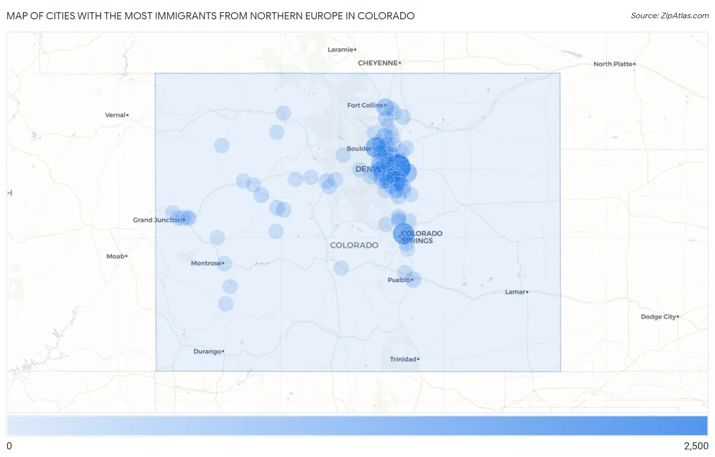 Cities with the Most Immigrants from Northern Europe in Colorado Map
