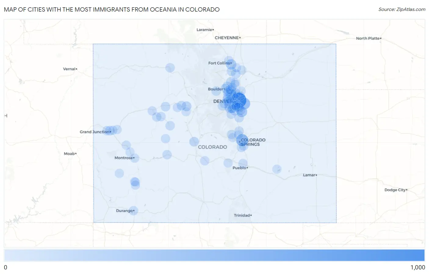 Cities with the Most Immigrants from Oceania in Colorado Map