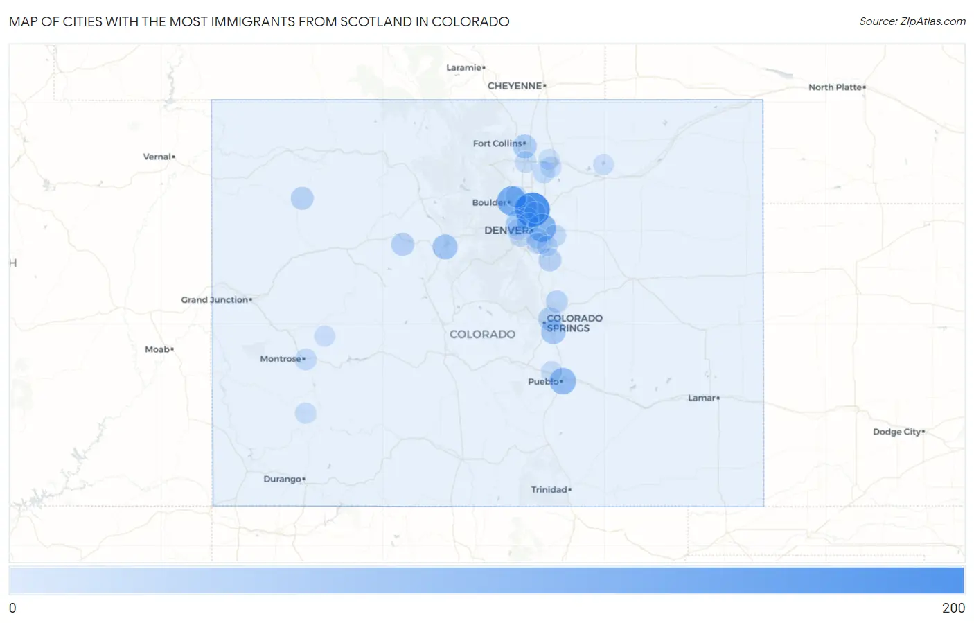 Cities with the Most Immigrants from Scotland in Colorado Map