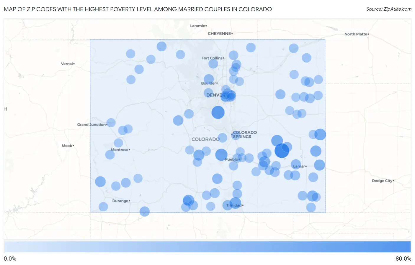 Zip Codes with the Highest Poverty Level Among Married Couples in Colorado Map