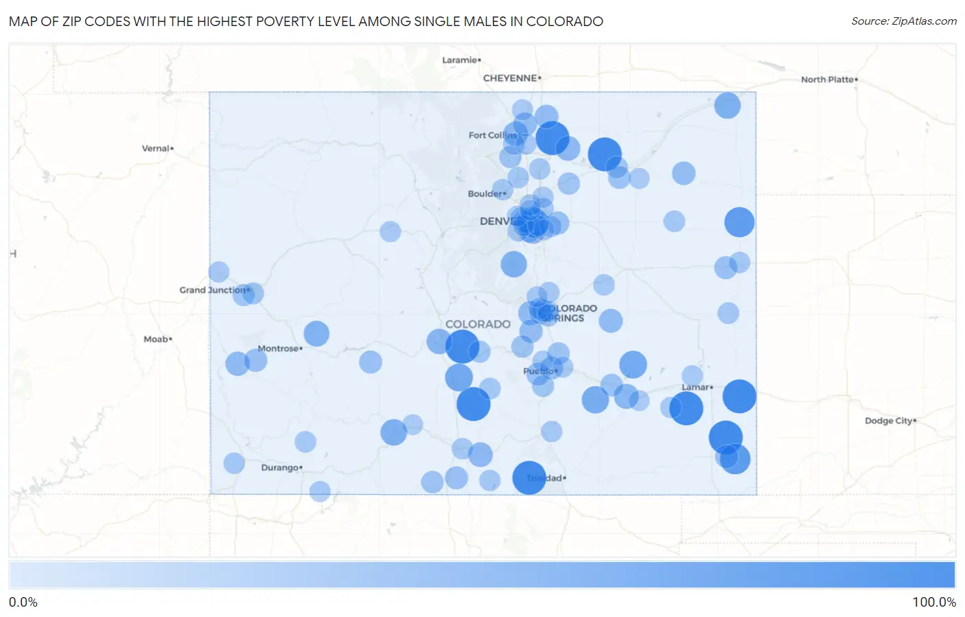 Zip Codes with the Highest Poverty Level Among Single Males in Colorado Map