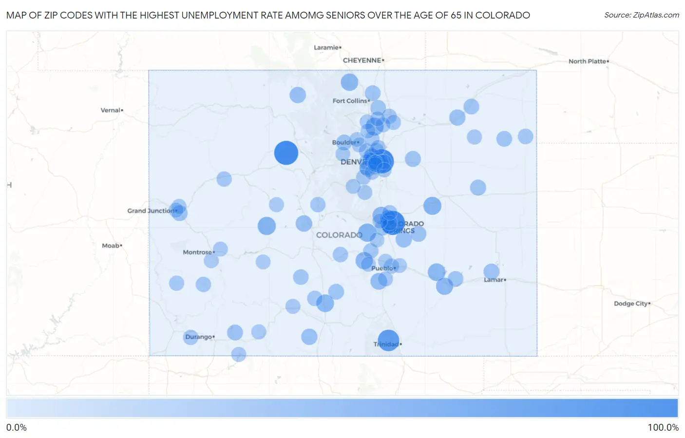 Zip Codes with the Highest Unemployment Rate Amomg Seniors Over the Age of 65 in Colorado Map