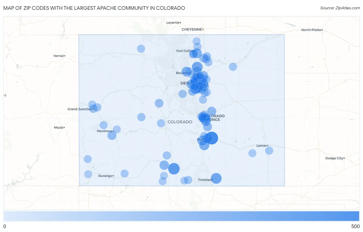 Zip Codes with the Largest Apache Community in Colorado Map