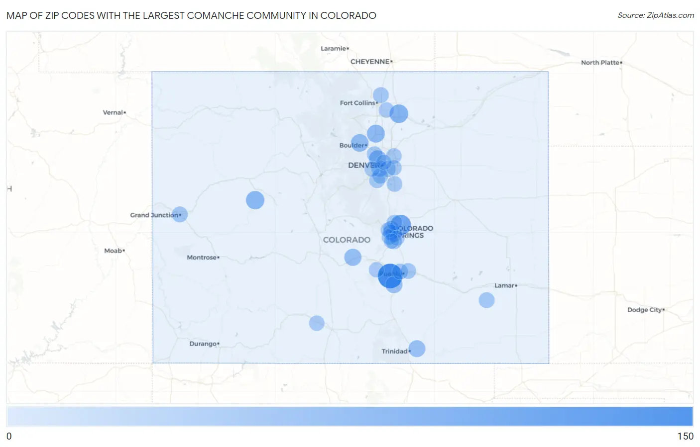 Zip Codes with the Largest Comanche Community in Colorado Map