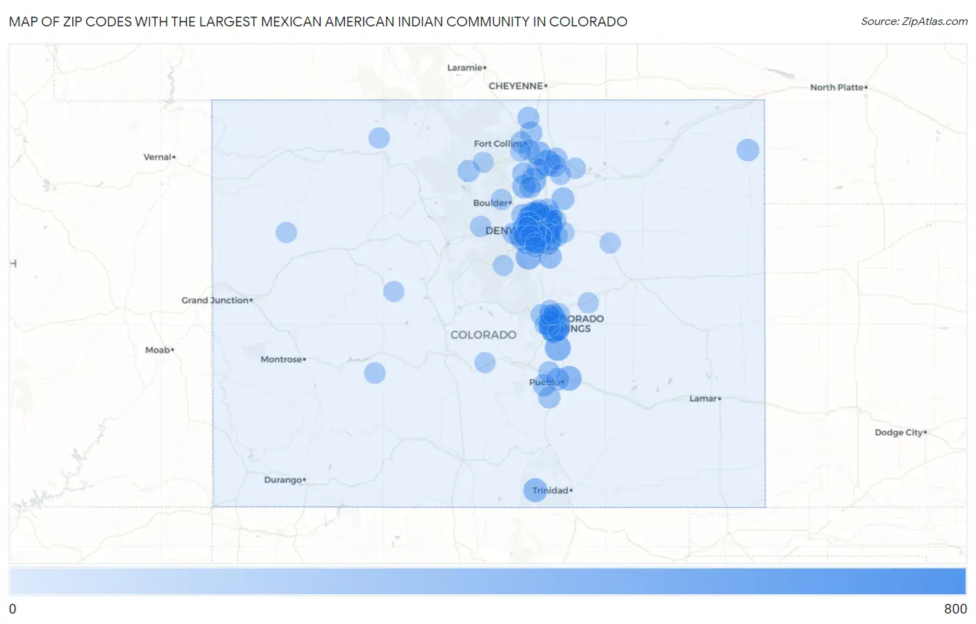 Zip Codes with the Largest Mexican American Indian Community in Colorado Map