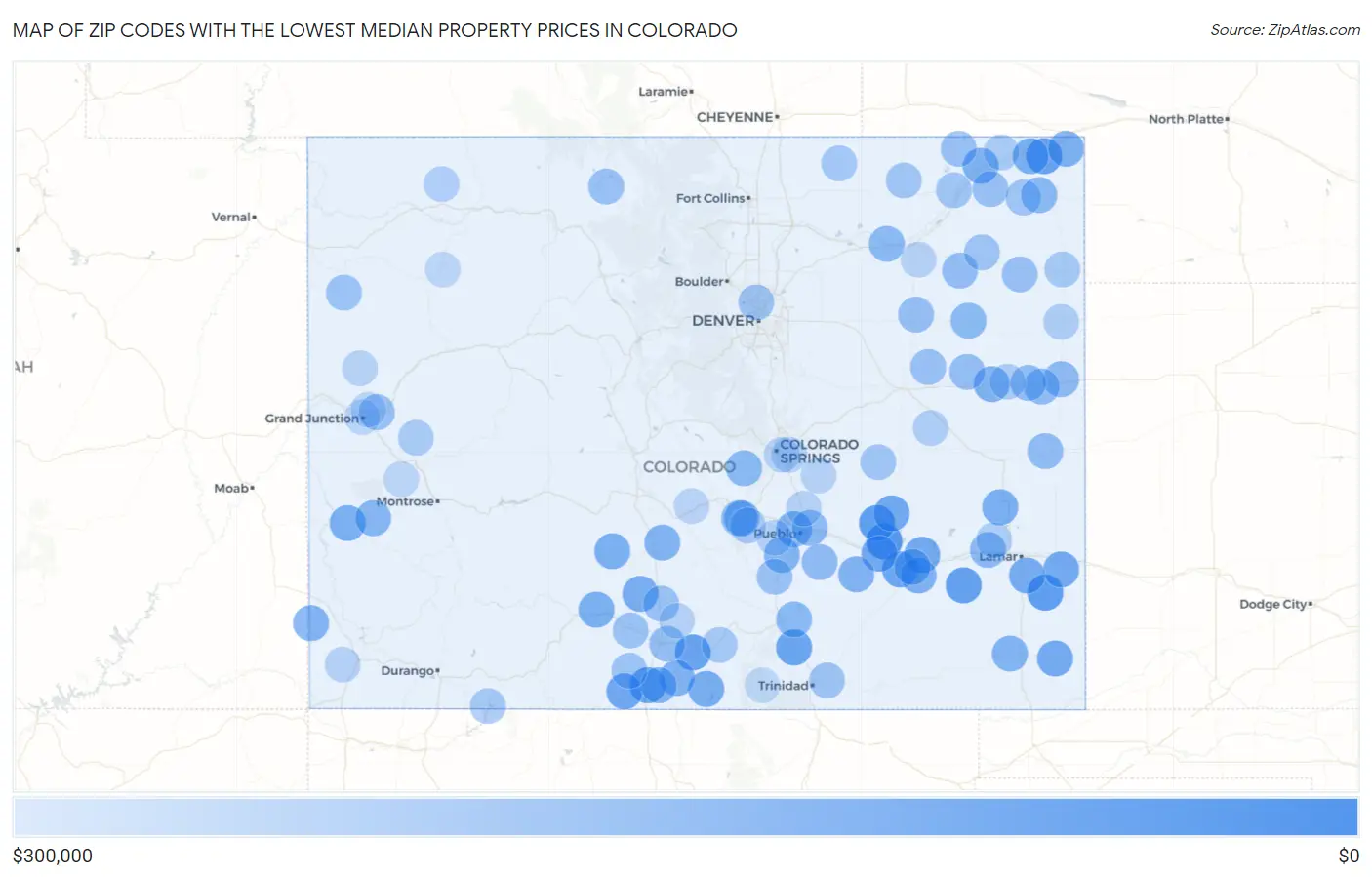 Zip Codes with the Lowest Median Property Prices in Colorado Map