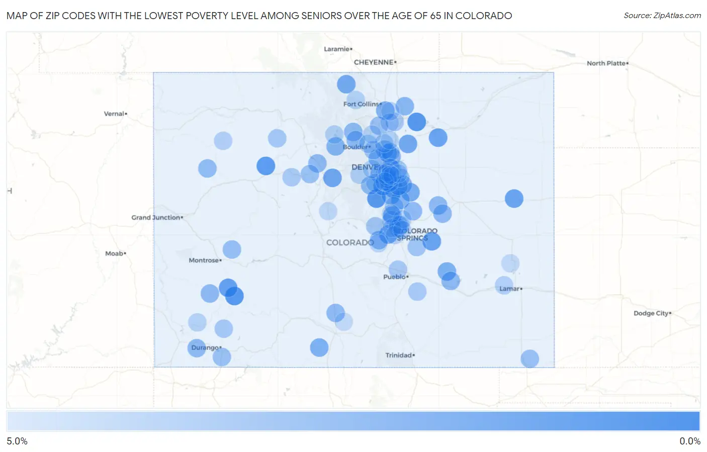 Zip Codes with the Lowest Poverty Level Among Seniors Over the Age of 65 in Colorado Map