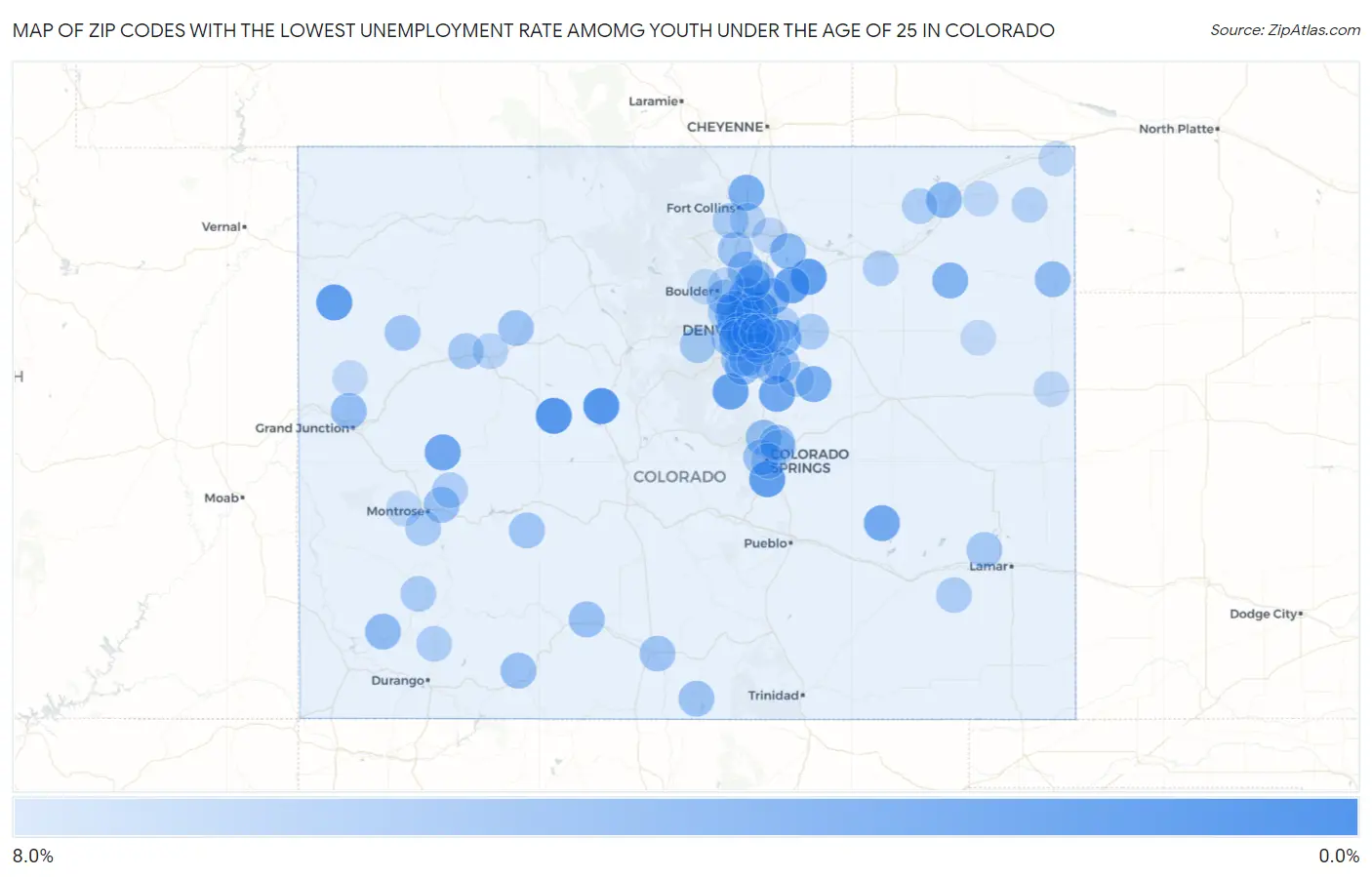 Zip Codes with the Lowest Unemployment Rate Amomg Youth Under the Age of 25 in Colorado Map