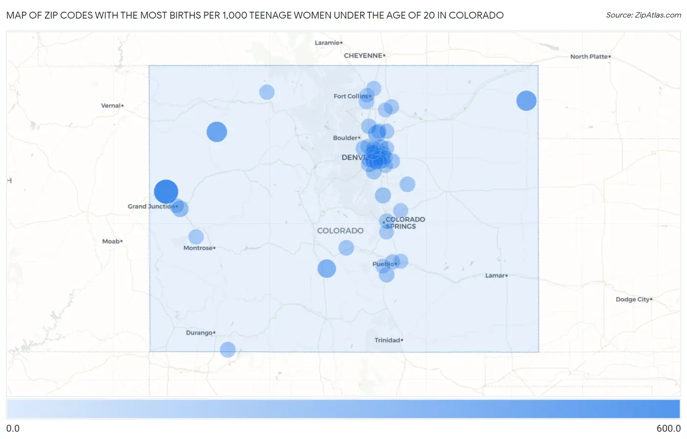 Zip Codes with the Most Births per 1,000 Teenage Women Under the Age of 20 in Colorado Map
